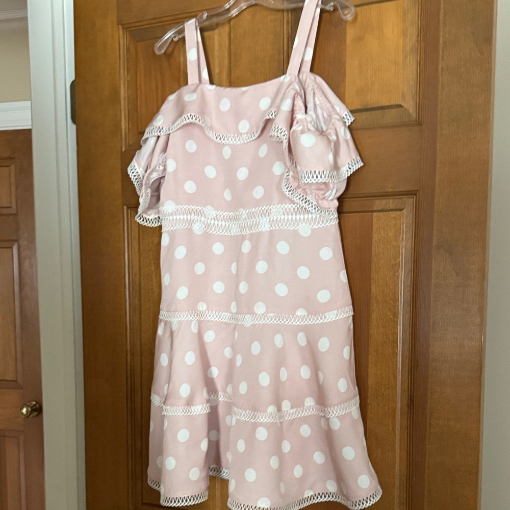 Girls Pink Polka Dot Ruffle Sundress with Trim